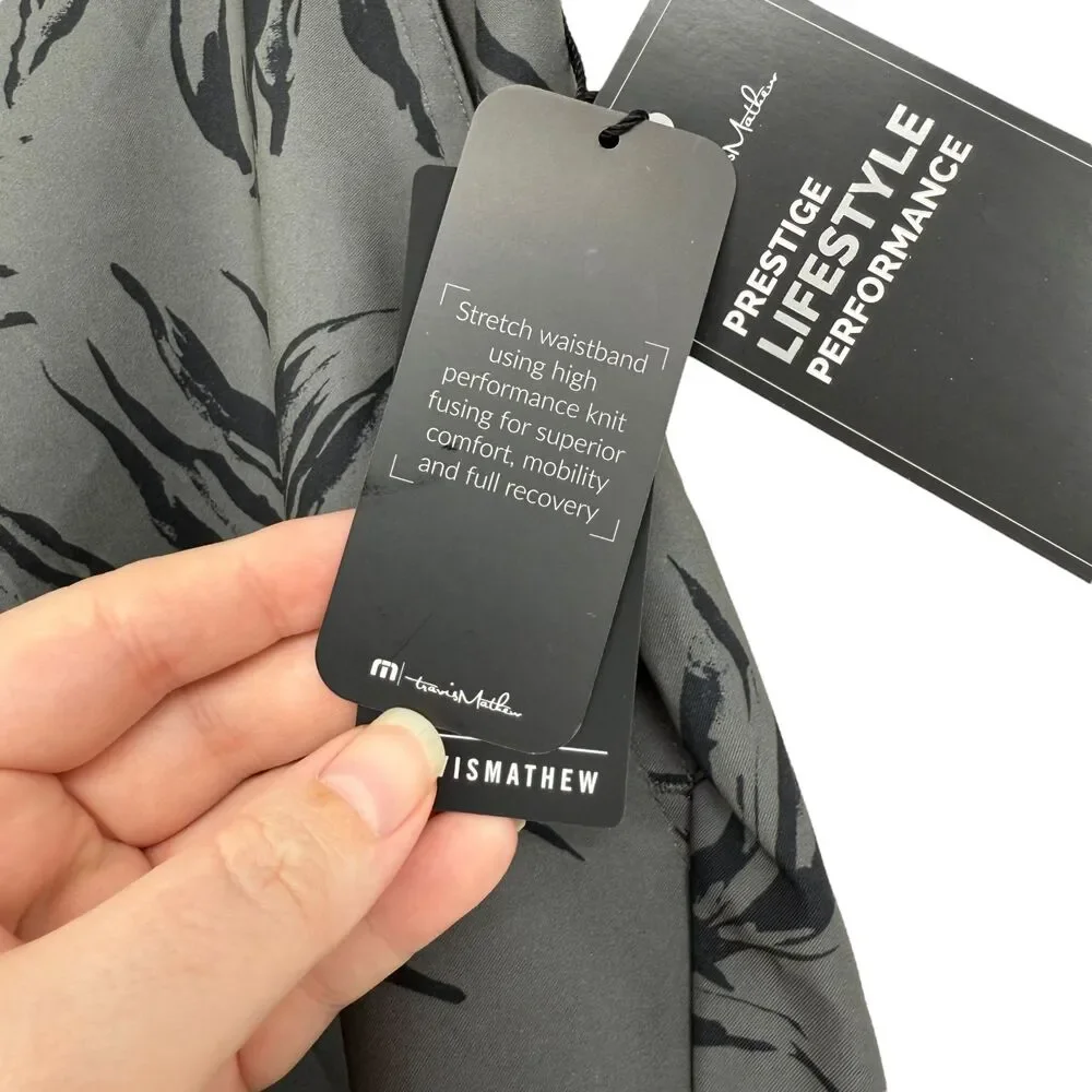 TravisMathew Golf Shorts 36 Grey Leaf Print Performance Stretch Pockets Resort